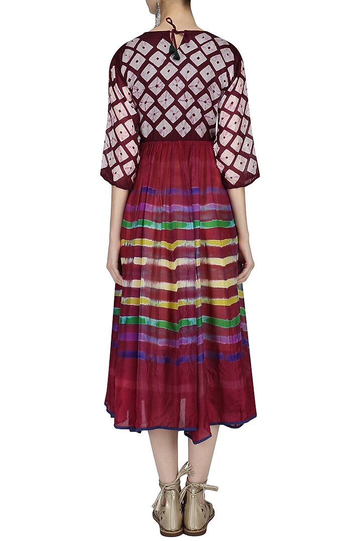 Maroon bandhani and clamp dyed fit and flared dress available only at Pernia's Pop Up Shop.