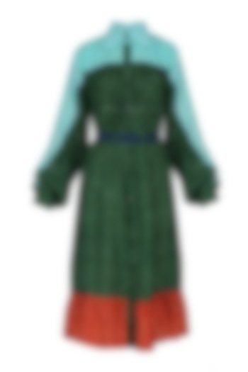 Green, Pale Blue and Red Hand Dyed Frilled Dress by Ka-Sha