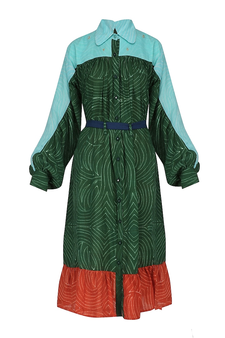 Green, pale blue and red hand dyed frilled dress available only at Pernia's Pop Up Shop.