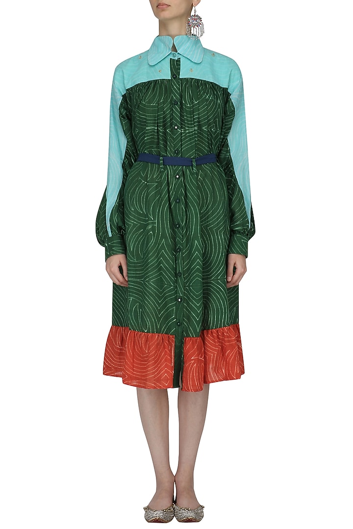 Green, pale blue and red hand dyed frilled dress available only at Pernia's Pop Up Shop.
