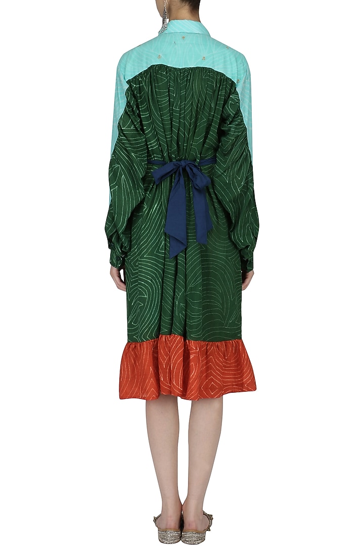 Green, pale blue and red hand dyed frilled dress available only at Pernia's Pop Up Shop.