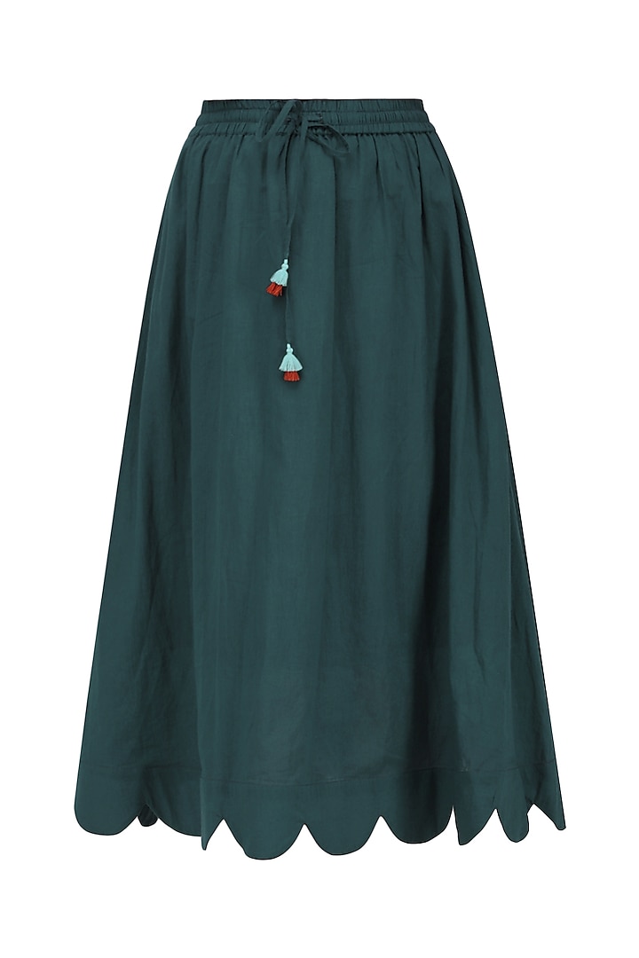 Bottle Green Scallop Midi Skirt by Ka-Sha