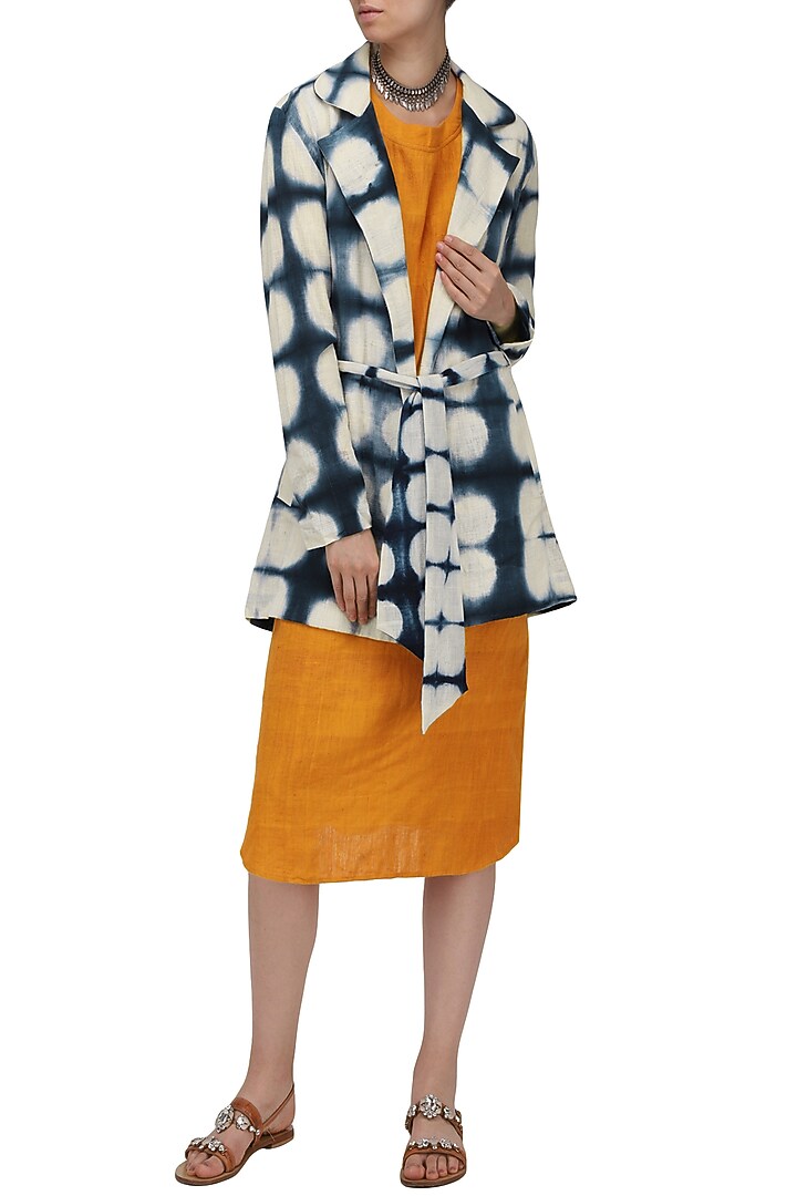 White and indigo blue hand clamp dyed trench coat available only at Pernia's Pop Up Shop.
