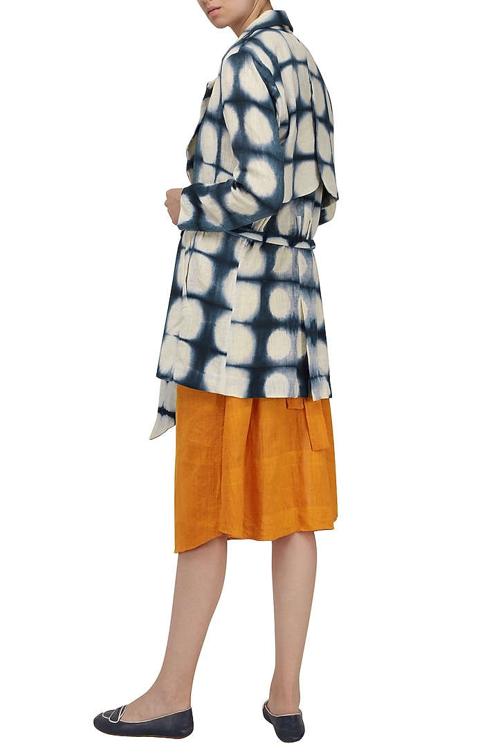White and indigo blue hand clamp dyed trench coat available only at Pernia's Pop Up Shop.