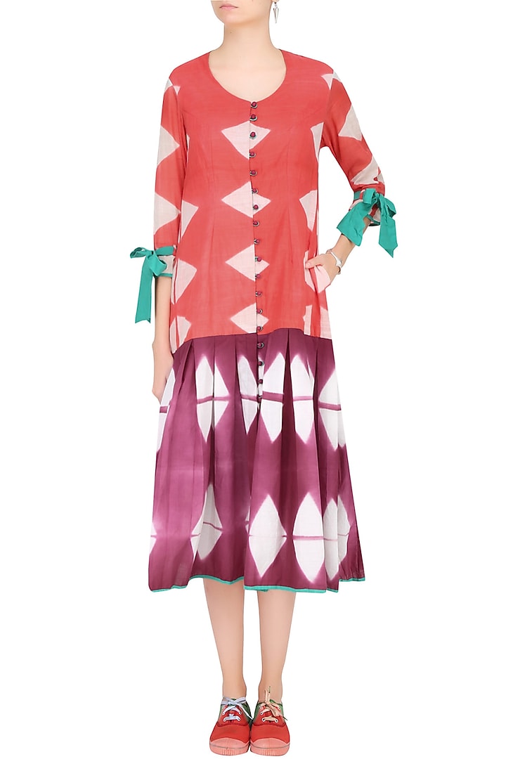 Pink and orange clamp dyed pleated calf length dress available only at Pernia's Pop Up Shop.