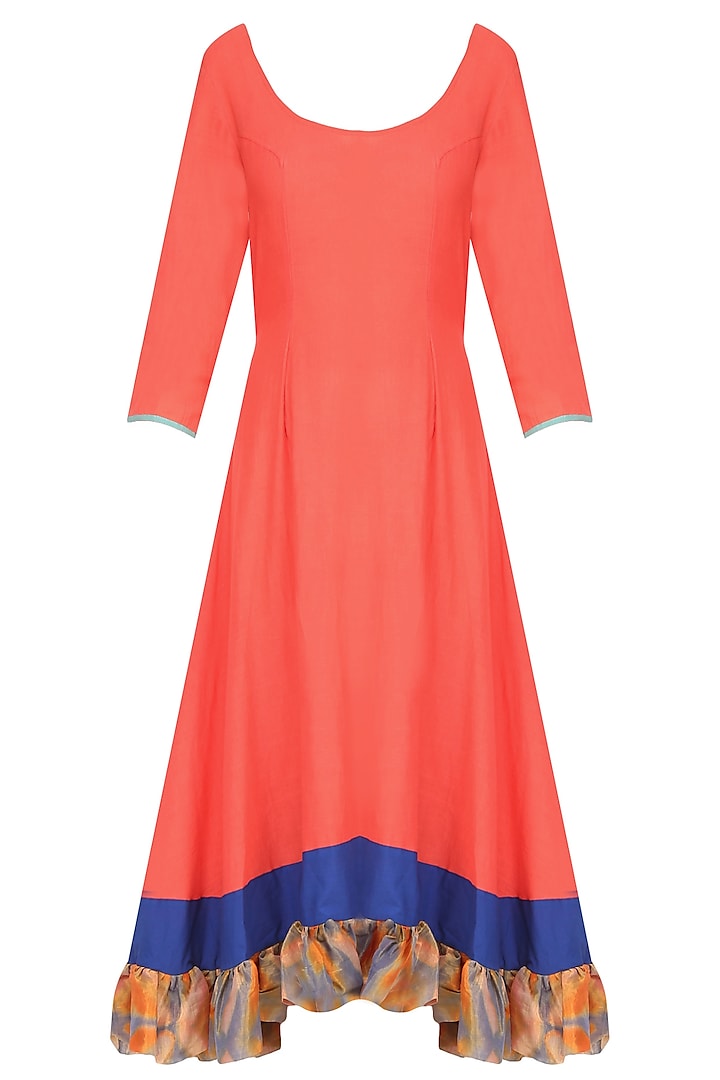 Orange Clamp Dyed Flared Asymmetric Dress by Ka-Sha