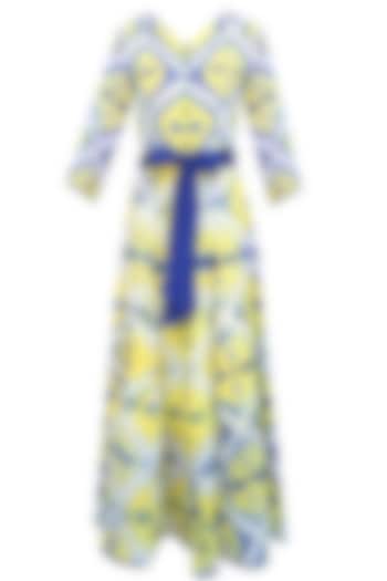 Yellow, White and Blue Clamp Dyed Calf Length Dress by Ka-Sha