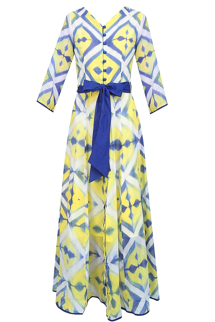 Yellow, White and Blue Clamp Dyed Calf Length Dress by Ka-Sha
