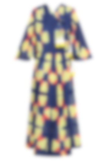 Navy Blue Clamp Dyed Crossover Style Calf Length Dress by Ka-Sha