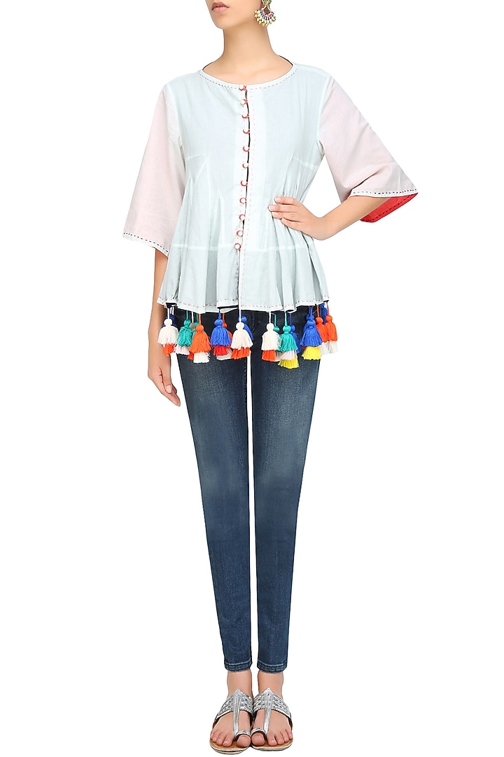 Mint kedio reversible flared jacket with multicolor tassel hangings available only at Pernia's Pop Up Shop.