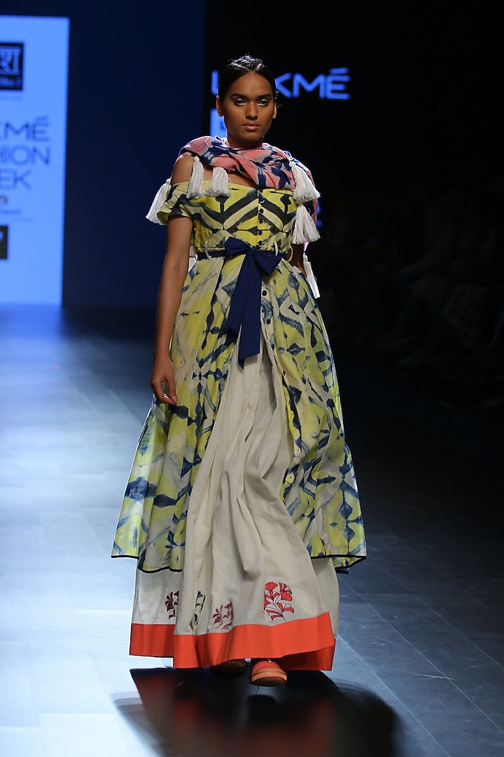 Ink blue, yellow and white off shoulder dress available only at Pernia's Pop Up Shop.