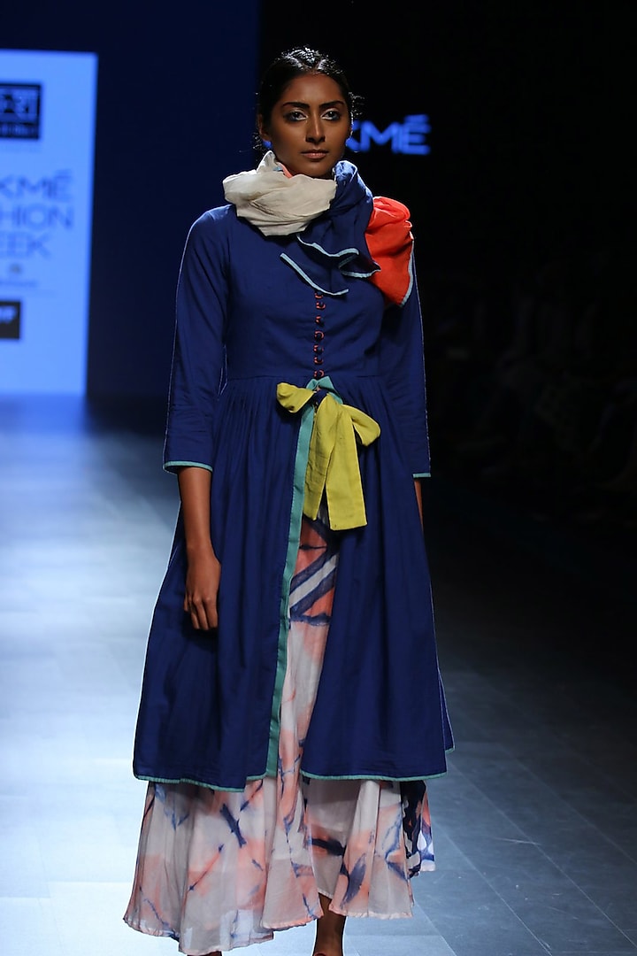 Ink blue and yellow knee length dress by Ka-Sha