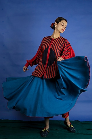Bright Red Embroidered Jacket Set by Ka-Sha