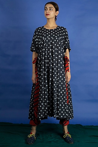 Navy Blue Resist Dyeing Dress With Pants by Ka-Sha