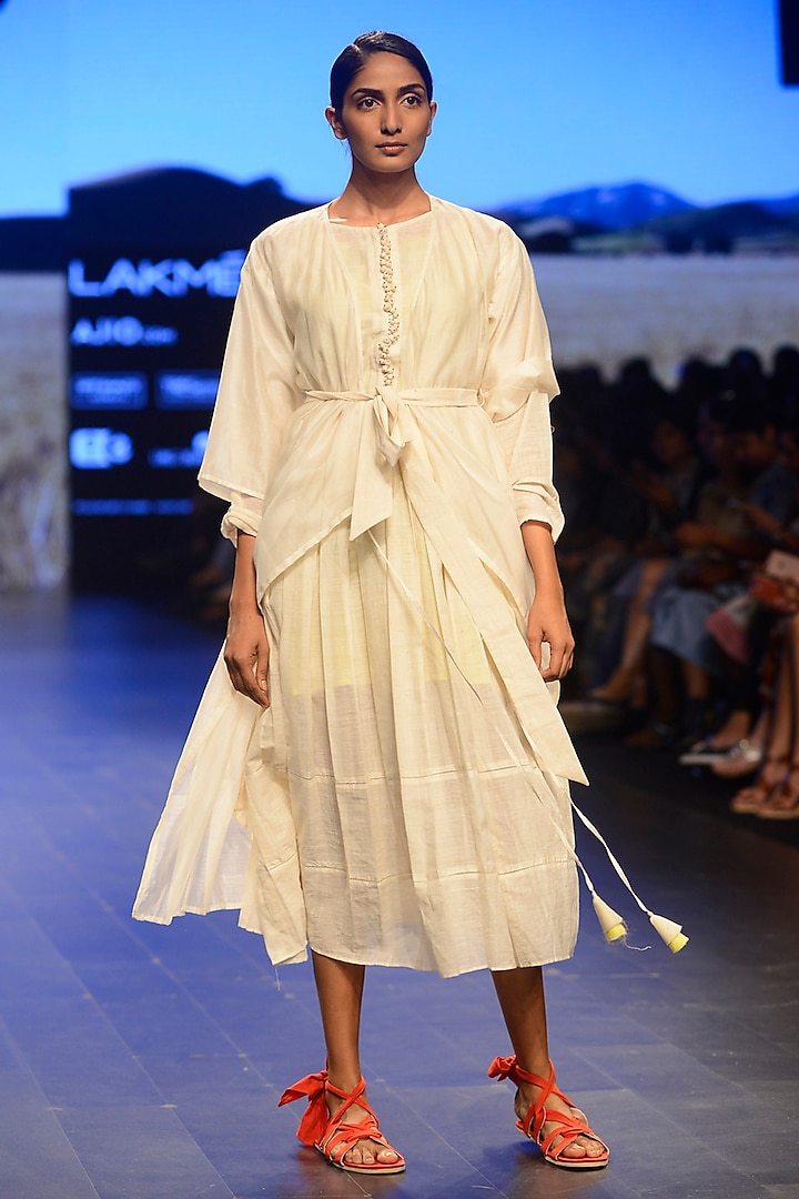 White Box Pleated Calf Length Dress by Ka-Sha