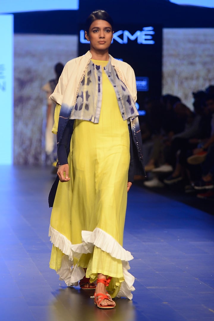 Yellow Frill and Tassel Tie Up Asymmetric Dress by Ka-Sha