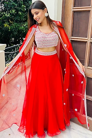 Red Organza Cape Set by Kasturi Tikmani