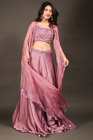 Lavender Dupion Silk Pant Set With Cape by Kasturi Tikmani