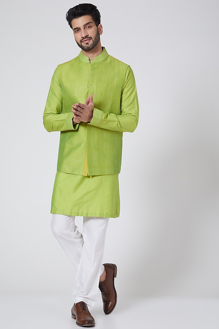 Lime Green Kurta Set With Bundi Jacket by Kunal Anil Tanna