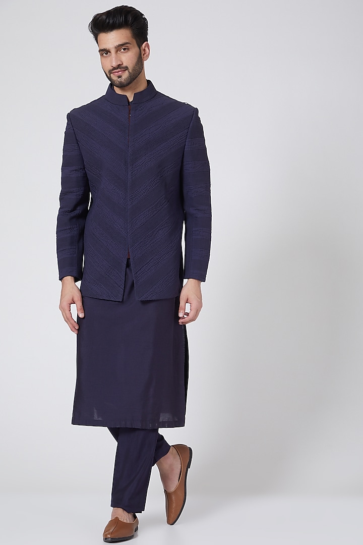 Dark Blue Kurta Set With Textured Bandhgala Jacket by Kunal Anil Tanna