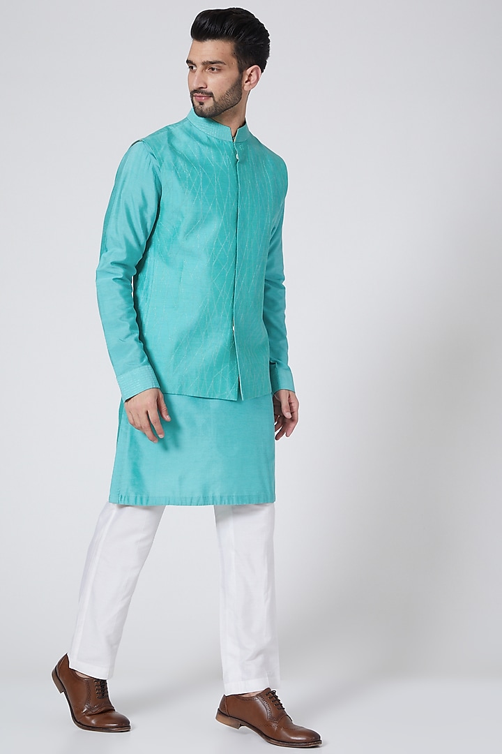 Turquoise Kurta Set With Bundi Jacket by Kunal Anil Tanna