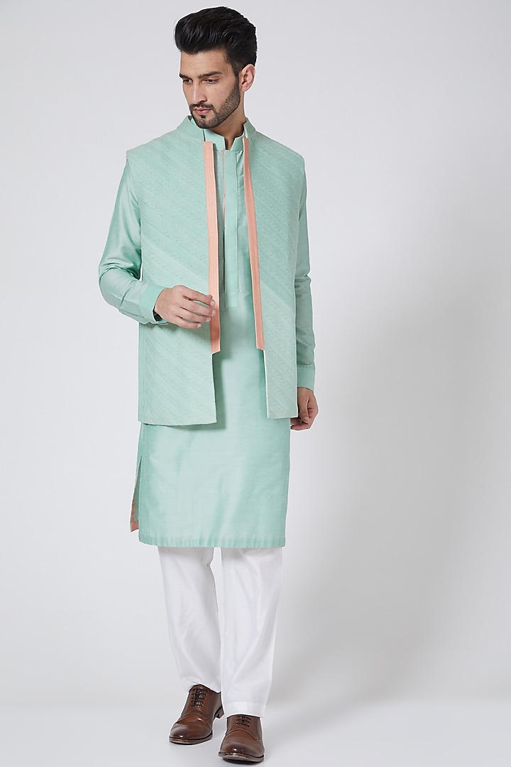 Light Green Kurta Set With Jacket by Kunal Anil Tanna