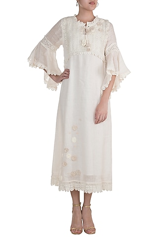 Off White Fit & Flare Lace Dress by Kaveri