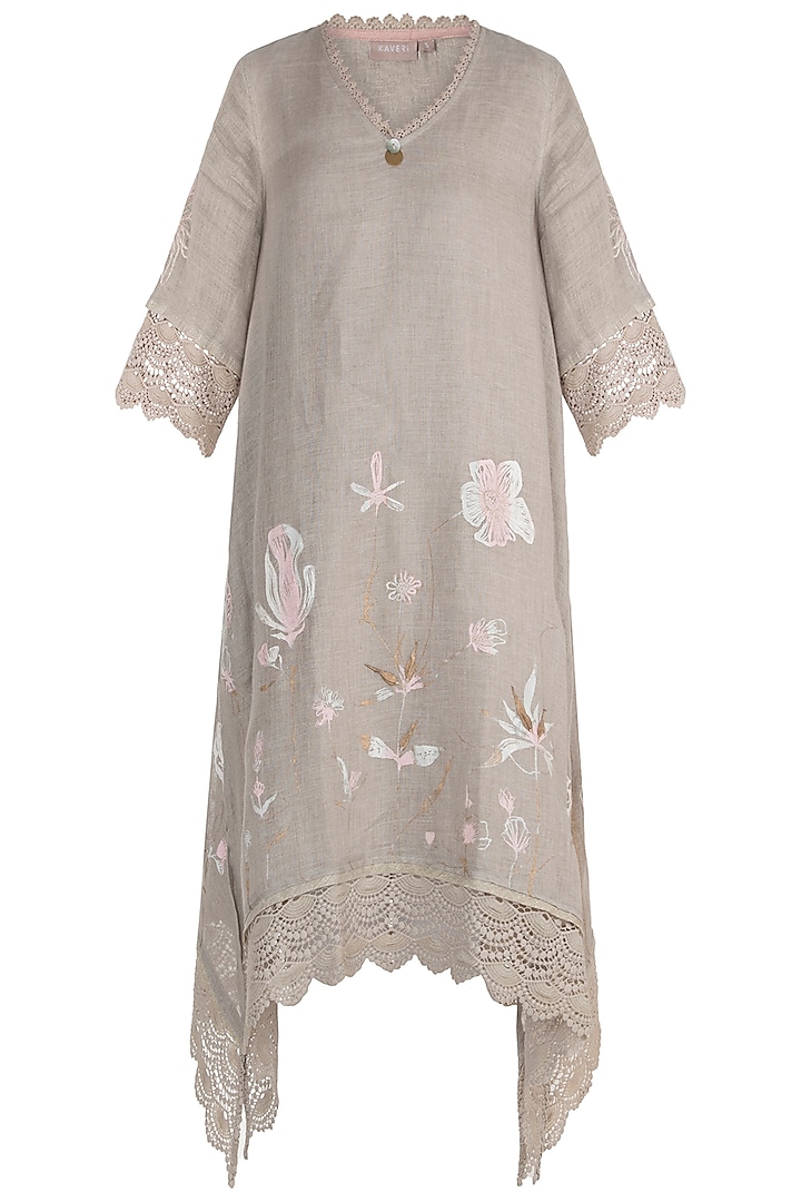 Beige Embroidered Hand Screen Printed Tunic by Kaveri