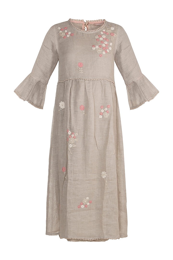Beige Whimsical Floral Embroidered Dress by Kaveri