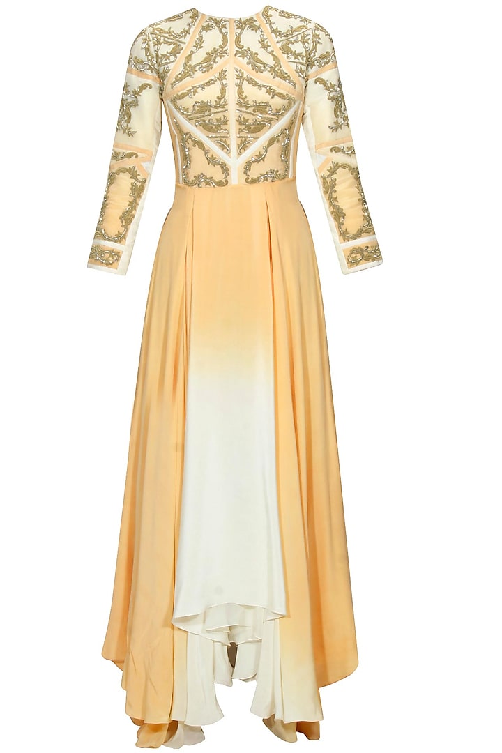 Off white and beige ombre "Racheal" floral embroidered gown by Kartikeya
