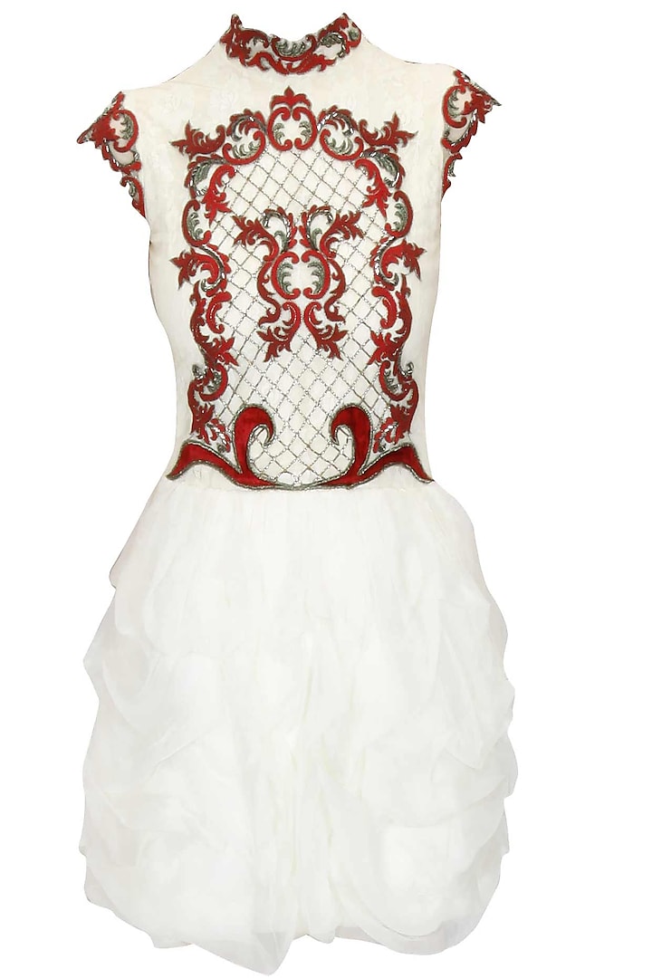 Off white "Georgia" and red floral embroidered jaal pattern dress by Kartikeya