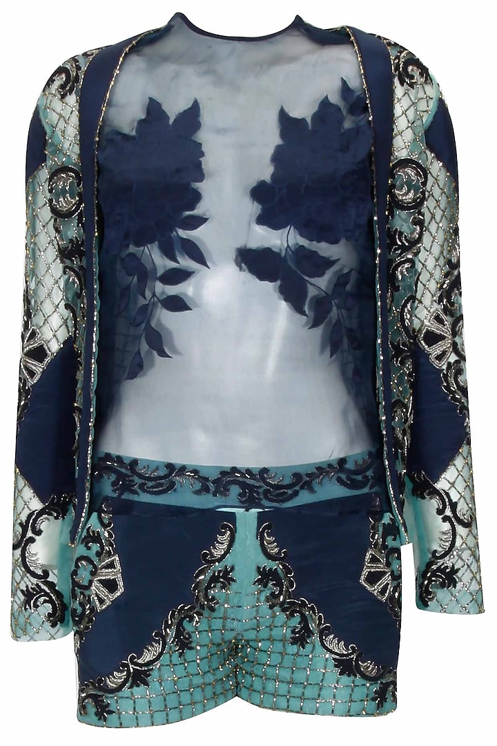 Midnight blue "Dayana" floral embroidered jaal pattern top, jacket and shorts set by Kartikeya