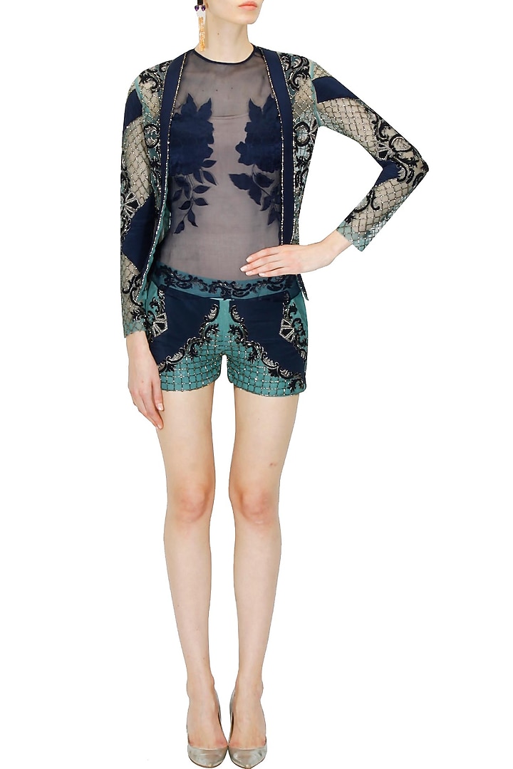 Midnight blue "Dayana" floral embroidered jaal pattern top, jacket and shorts set available only at Pernia's Pop Up Shop.
