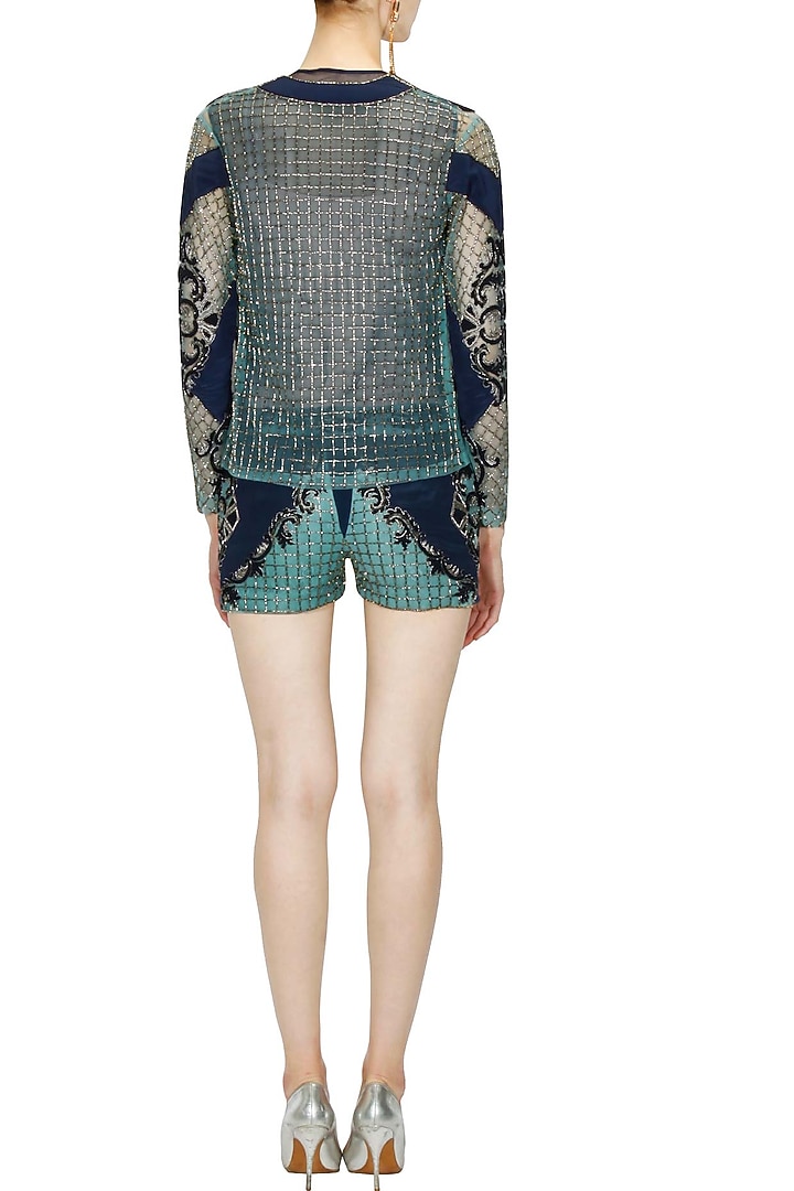 Midnight blue "Dayana" floral embroidered jaal pattern top, jacket and shorts set available only at Pernia's Pop Up Shop.
