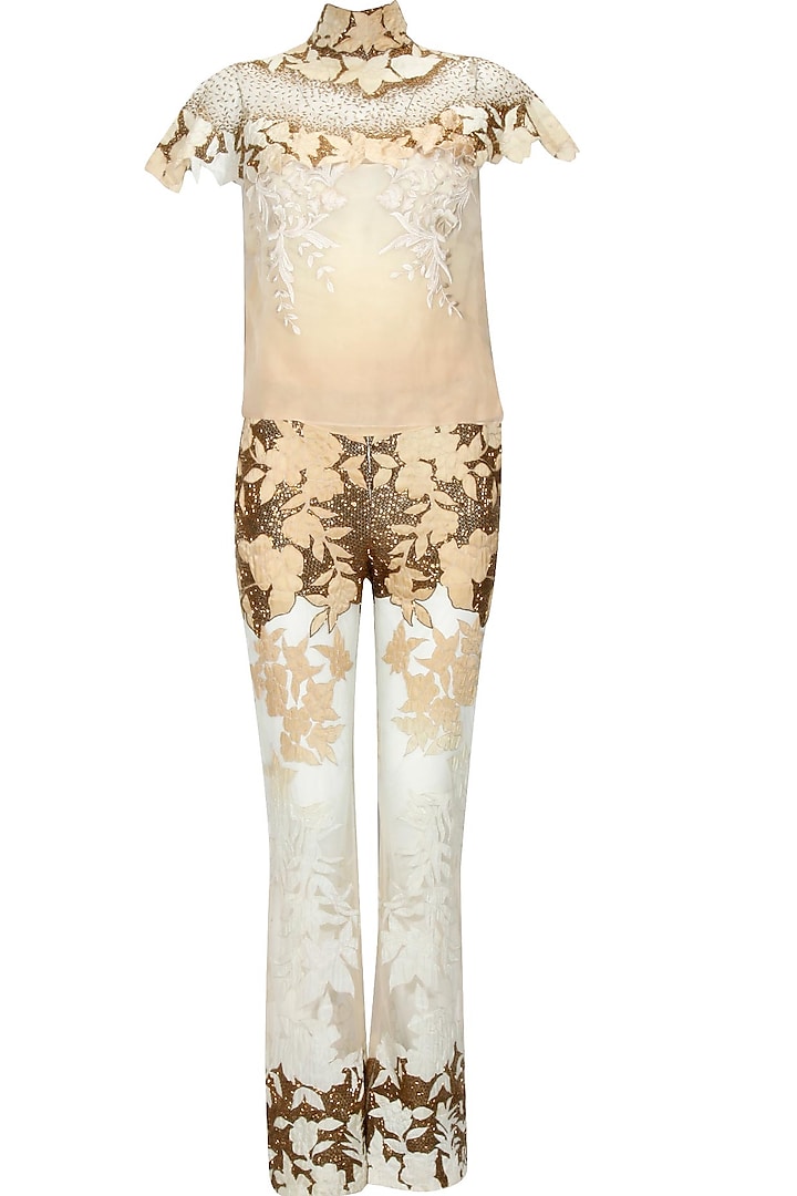 Off white and beige ombre "Wondsor" floral work top and pants set by Kartikeya