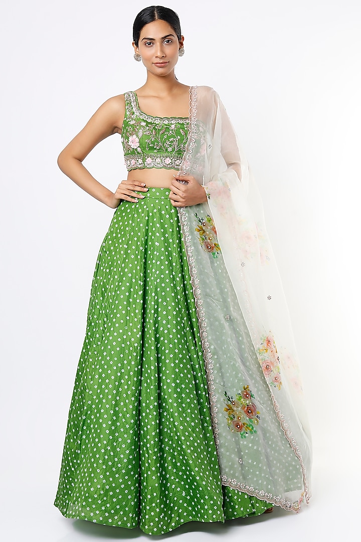 Grass Green Printed & Embroidered Lehenga Set by Kaynaat by Aanchal Sawhney