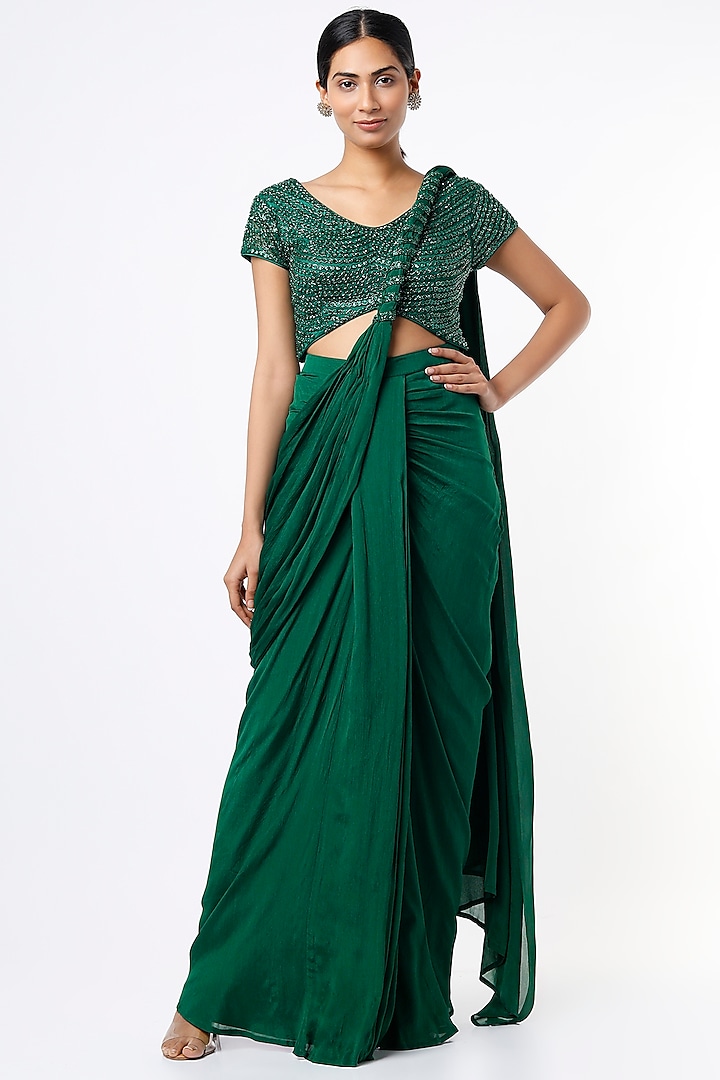 Bottle Green Embroidered Draped Saree Set by Kaynaat by Aanchal Sawhney