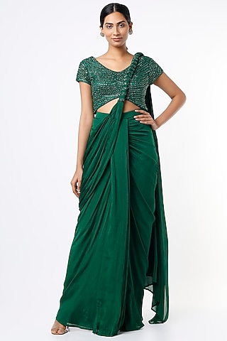 Bottle Green Embroidered Draped Saree Set by Kaynaat by Aanchal Sawhney