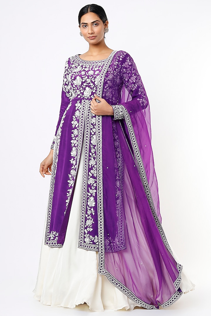 Purple & White Embroidered Jacket Lehenga Set by Kaynaat by Aanchal Sawhney