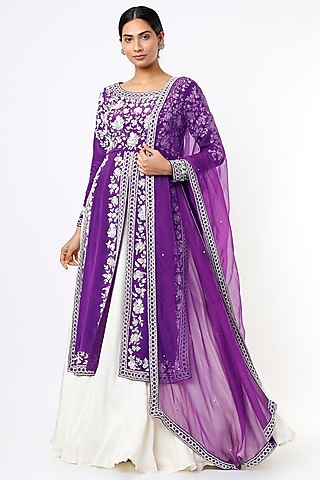 Purple & White Embroidered Jacket Lehenga Set by Kaynaat by Aanchal Sawhney