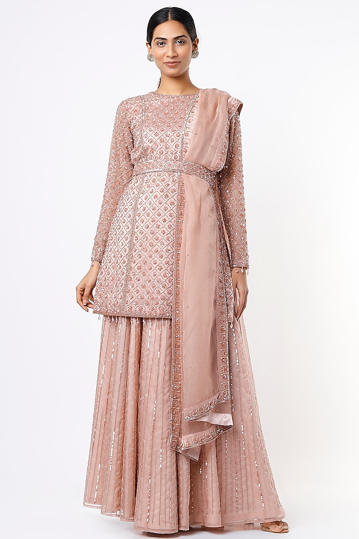 Blush Pink Hand Embroidered Sharara Set by Kaynaat by Aanchal Sawhney