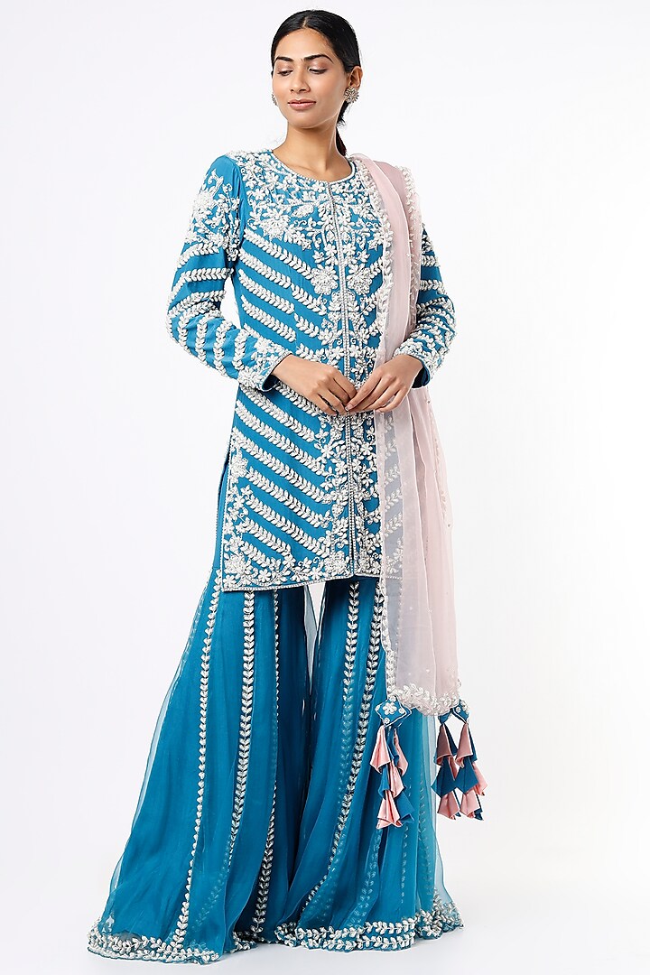 Cobalt Blue Embroidered Sharara Set by Kaynaat by Aanchal Sawhney