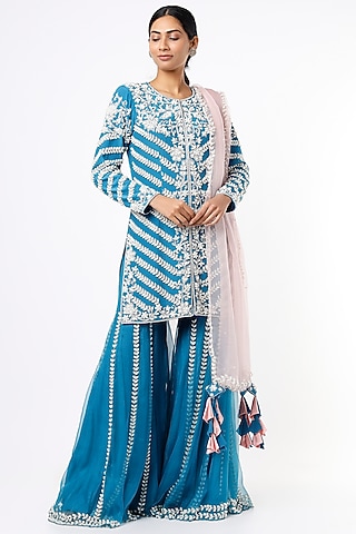 Cobalt Blue Embroidered Sharara Set by Kaynaat by Aanchal Sawhney