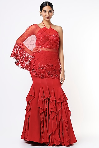Cherry Red Hand Embroidered Lehenga Set by Kaynaat by Aanchal Sawhney