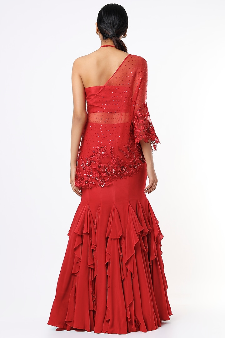 Cherry Red Hand Embroidered Wedding Lehenga Set by Kaynaat by Aanchal Sawhney at Pernia's Pop Up Shop