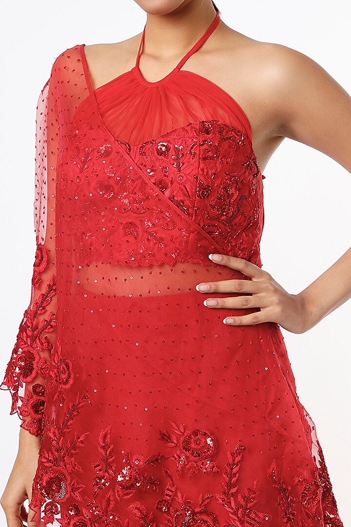 Cherry Red Hand Embroidered Wedding Lehenga Set by Kaynaat by Aanchal Sawhney at Pernia's Pop Up Shop