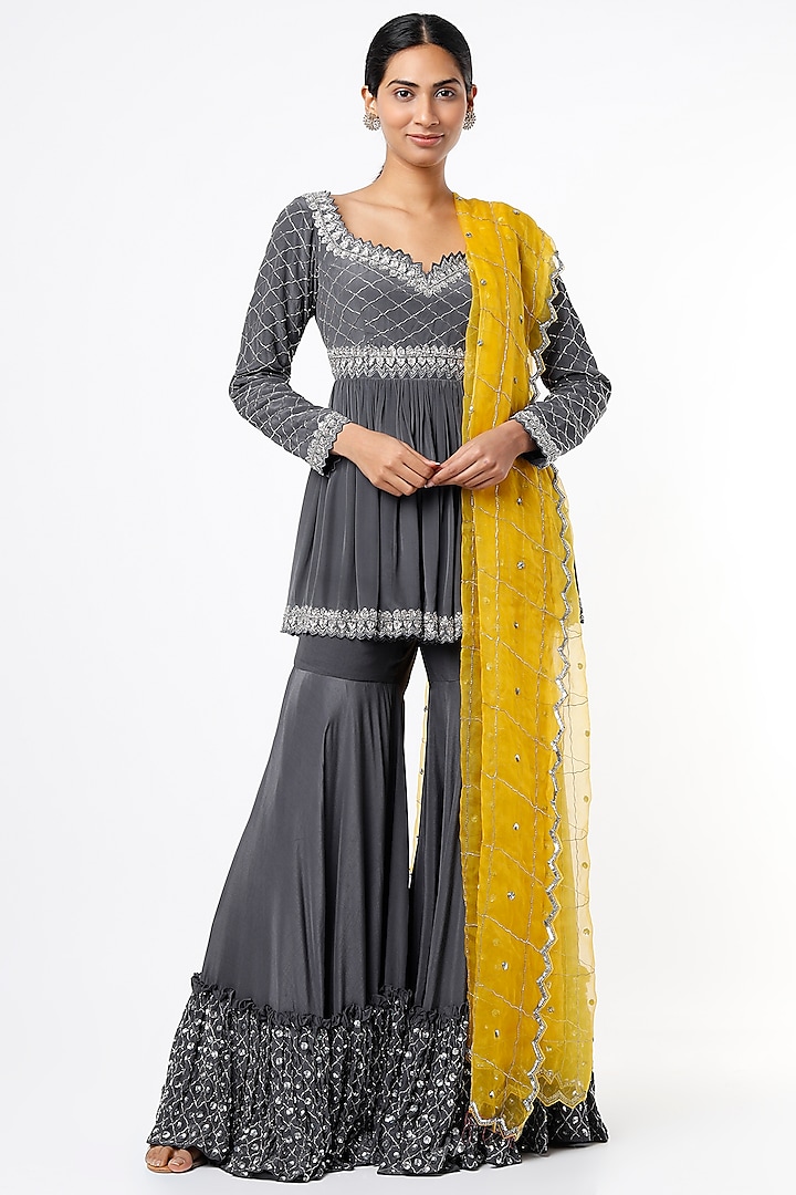 Grey Embroidered Sharara Set by Kaynaat by Aanchal Sawhney