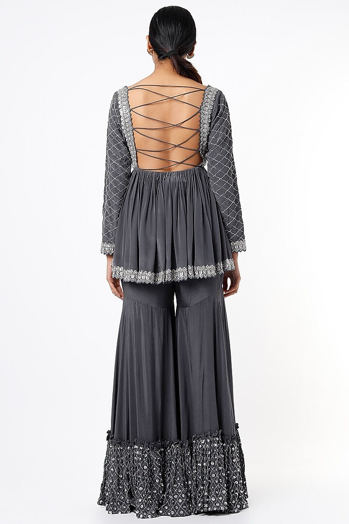 Grey Embroidered Wedding Sharara Set by Kaynaat by Aanchal Sawhney at Pernia's Pop Up Shop