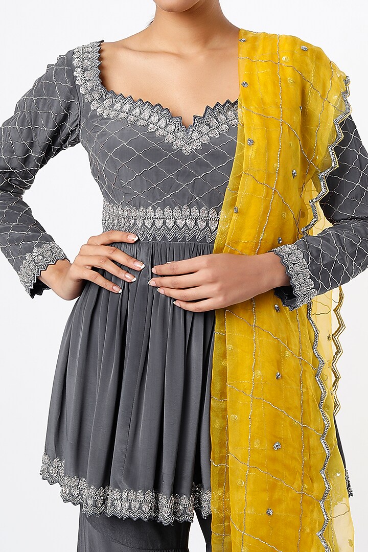 Grey Embroidered Wedding Sharara Set by Kaynaat by Aanchal Sawhney at Pernia's Pop Up Shop