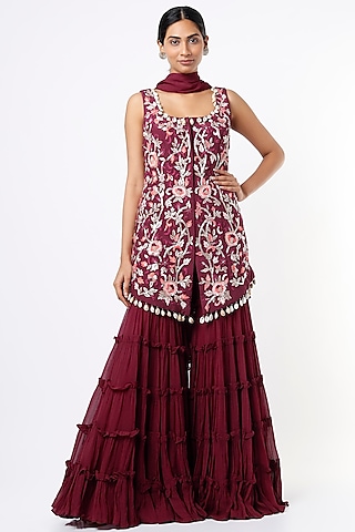 Wine Embroidered Sharara Set by Kaynaat by Aanchal Sawhney